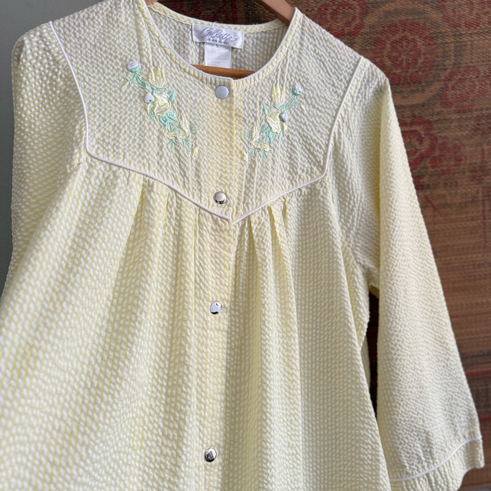 Vintage Embroidered Yellow Striped House Dress Pajamas Large - Picture 4 of 9